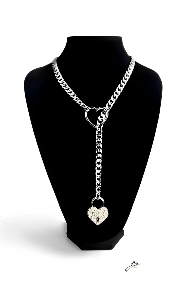 Crystal Heart Lock & Key Slip Chain